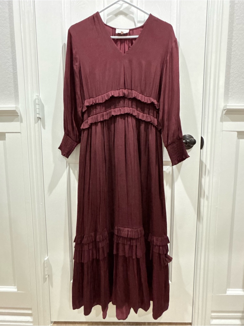 Women's Bohme Burgundy Ruffle V-Neck Maxi Dress (S)
